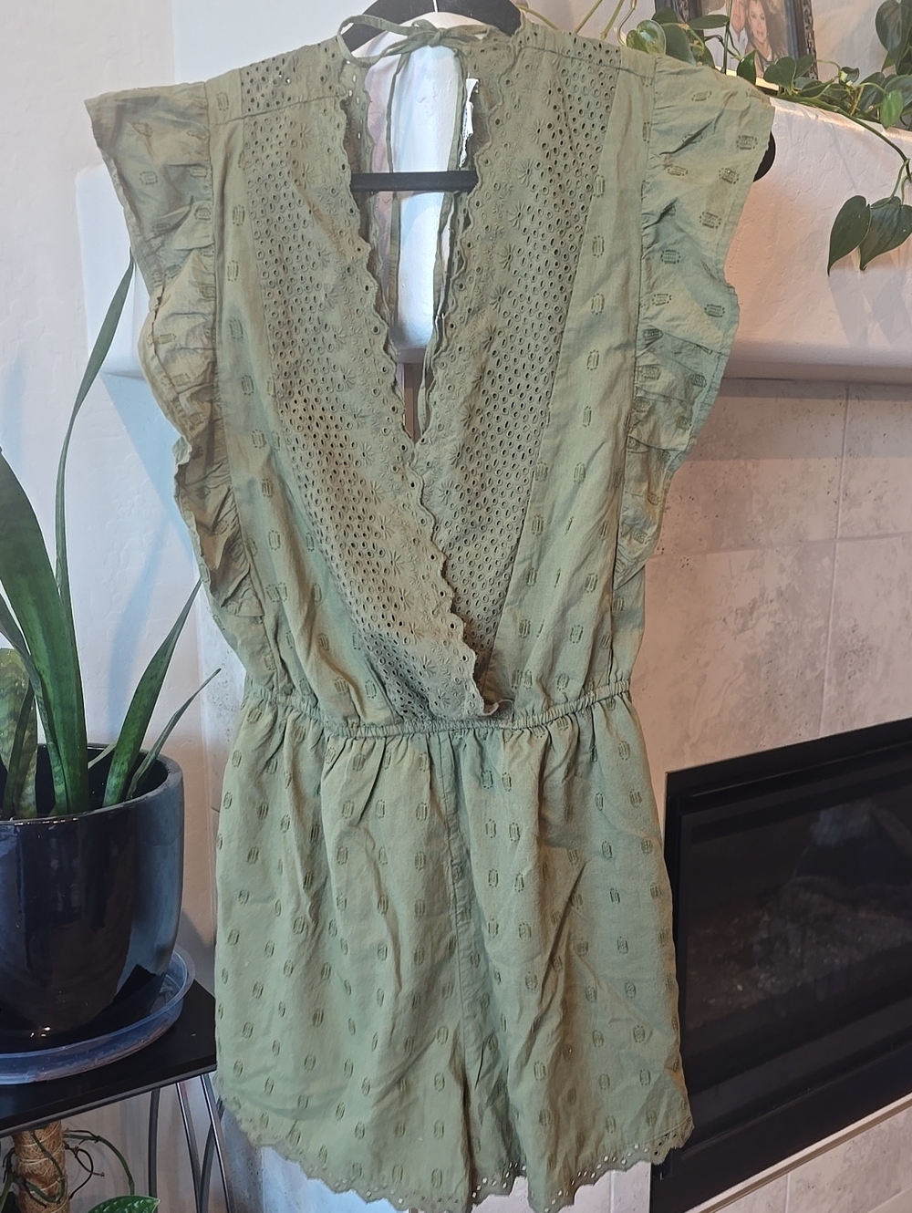 Light Olive Green Eyelet V-Neck Women's Romper